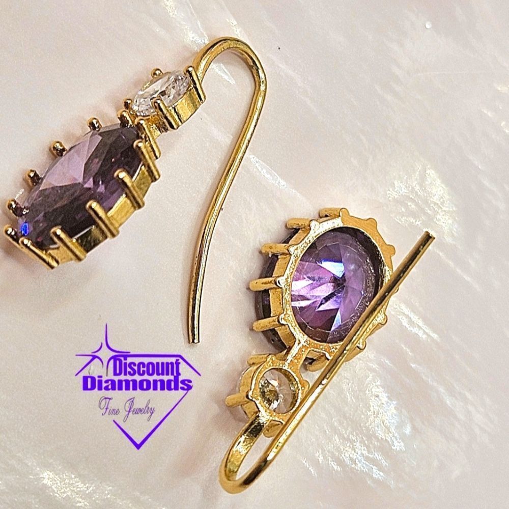 Oval Amethyst (Purple) Earrings 14K Bright Yellow Gold on 925 Silver - Picture 2 of 10
